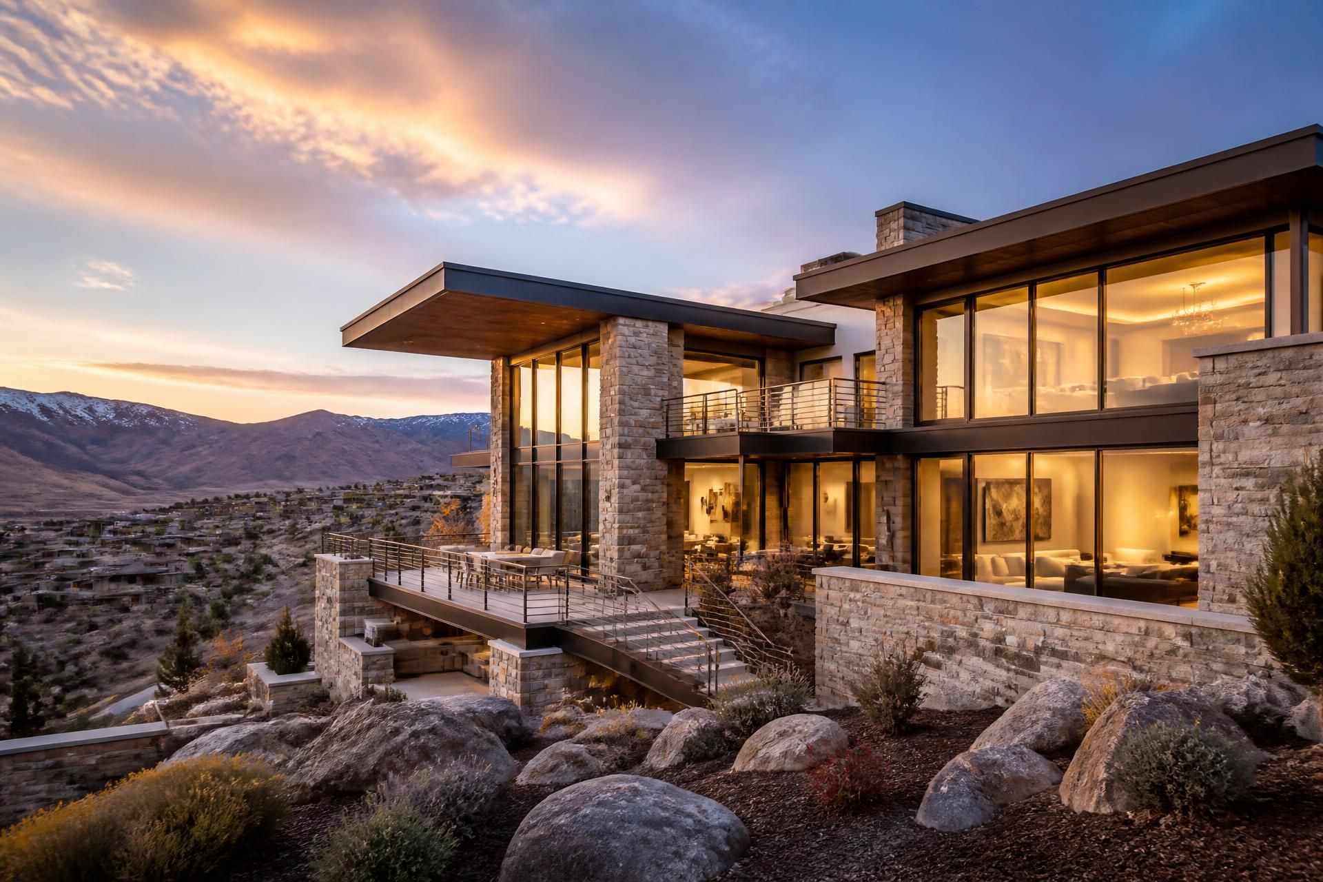 Luxury hillside home in Reno at golden hour